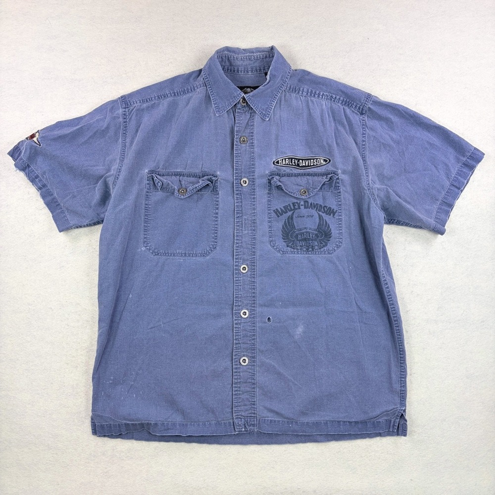 Harley-Davidson Mens Blue Canvas Distressed Short Sleeve Button Up Shirt M